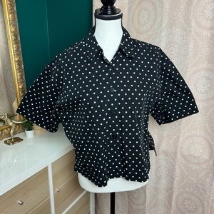 Lizsport Vtg 80s 90s Liz Claiborne Black White Polka Dot Button Cropped Shirt M